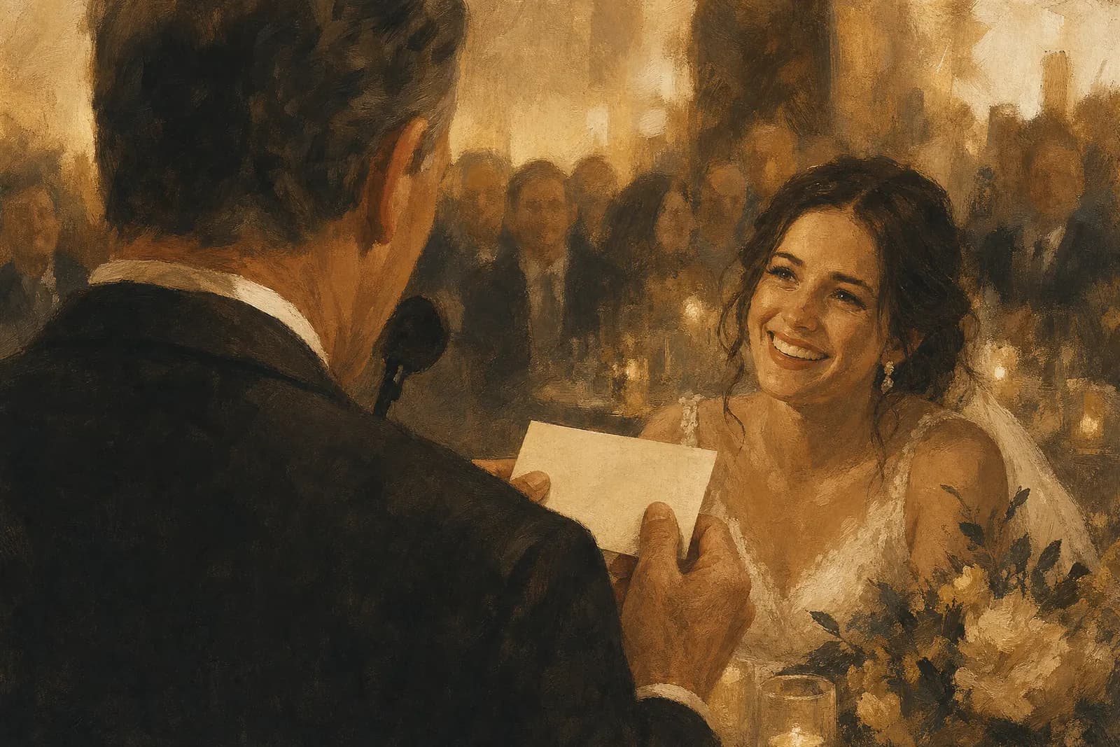 A painted father giving a speech while his daughter smiles at him across a warmly lit reception table.