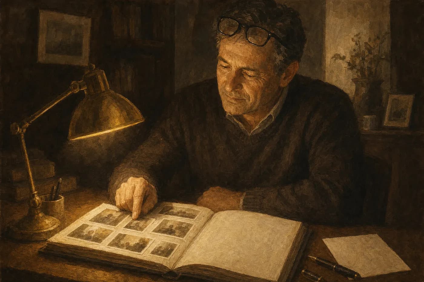 Painted scene of a father at his study desk at night, an old photo album open beside a blank note card