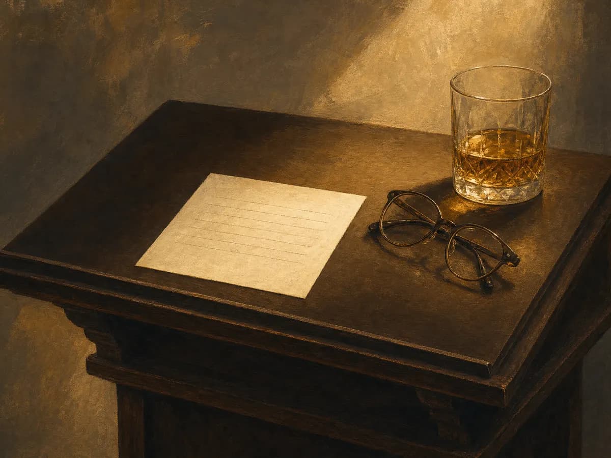 Painted still life of a note card, reading glasses, and a tumbler of whiskey on a wooden lectern